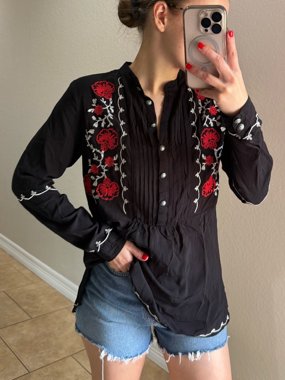 Tasha Polizzi Black Embroidered Floral Blouse w/ Floral Detailing